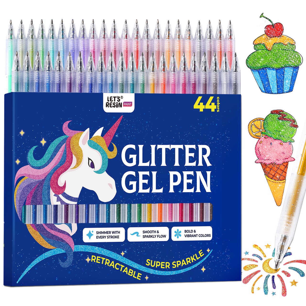 LET'S RESIN PAINT Jumbo Glitter Gel Pen Set, Metallic Shimmer Glitter Pens for Adult Coloring Books, Scrapbooking, Greeting Cards, DIY Crafts ,Capped Sparkly Pens, Non-Toxic & Smooth